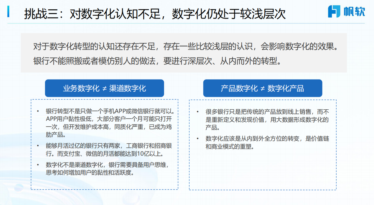 挑战三：对数字化认知不足，数字化仍处于较浅层次