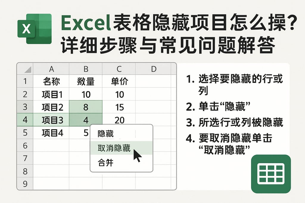 excel表格隐藏项目怎么操作？详细步骤与常见问题解答