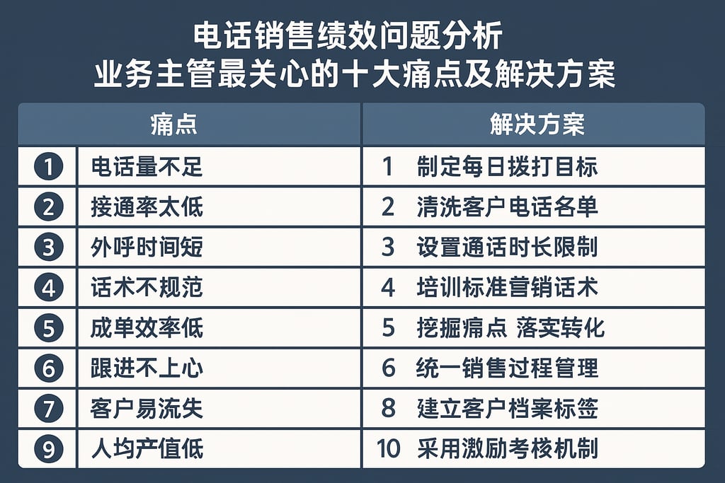 电话销售绩效问题分析，业务主管最关心的十大痛点及解决方案