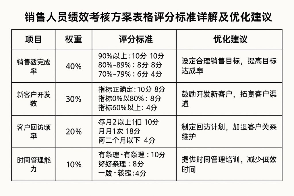 销售人员绩效考核方案表格评分标准详解及优化建议