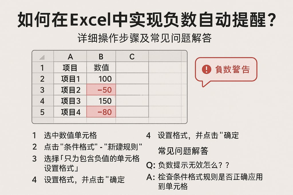 如何在Excel中实现负数自动提醒？详细操作步骤及常见问题解答