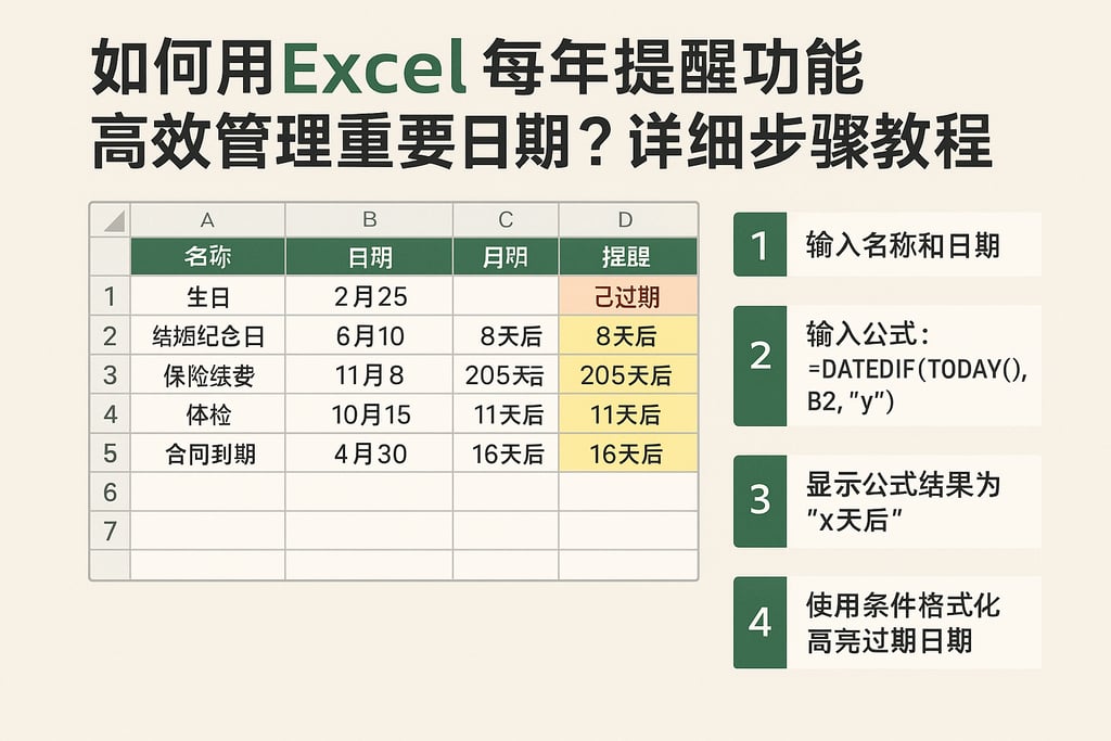 如何用Excel每年提醒功能高效管理重要日期？详细步骤教程