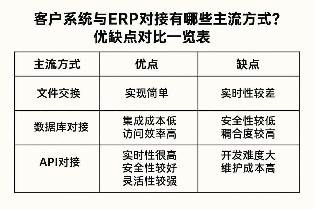 客户系统与ERP对接有哪些主流方式？优缺点对比一览表