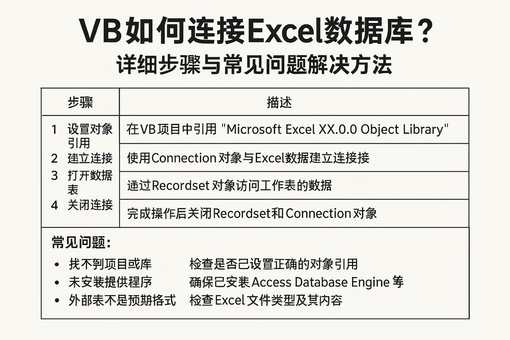 VB如何连接Excel数据库？详细步骤与常见问题解决方法