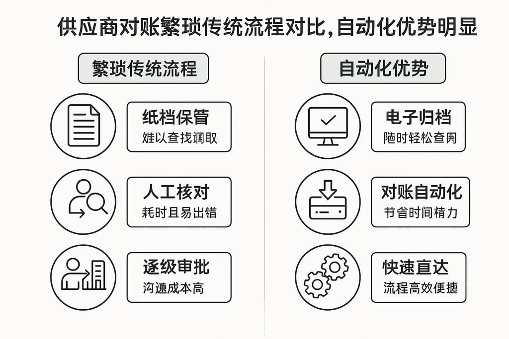 供应商对账繁琐与传统流程对比，自动化优势明显